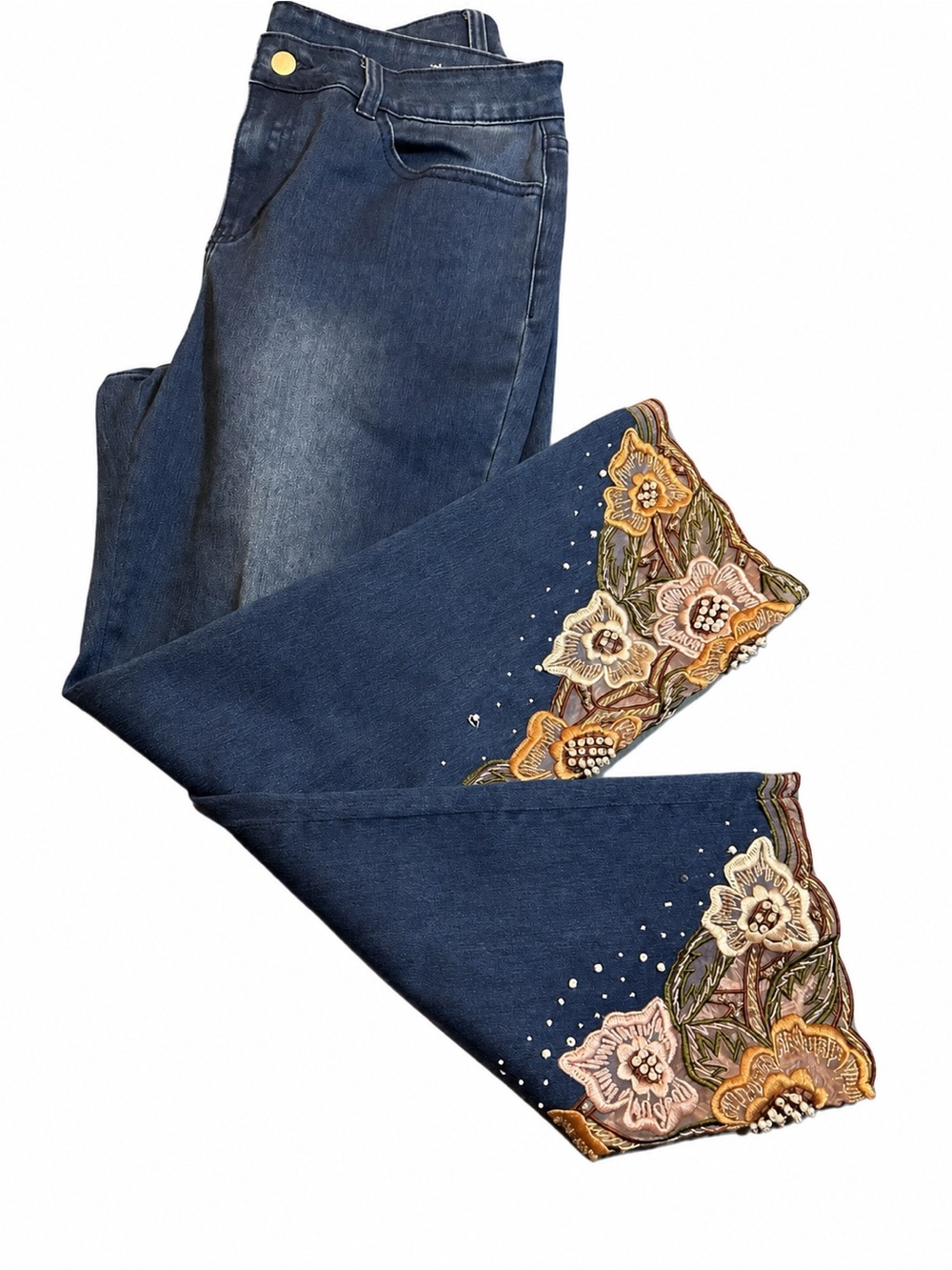 Soft Surroundings Floral Embroidered Beaded Hem Jeans Blue Denim 10P 10 Petite
